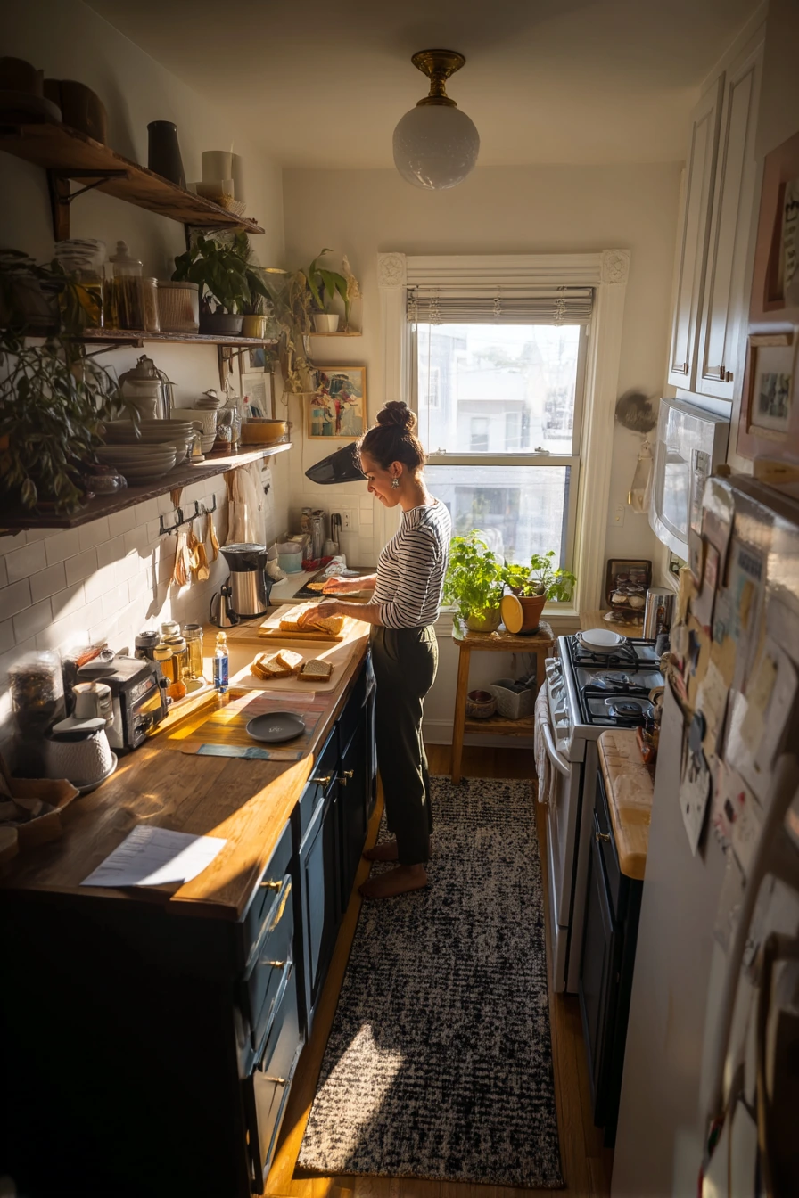 Navy Lower Cabinets in a Busy Small Kitchen