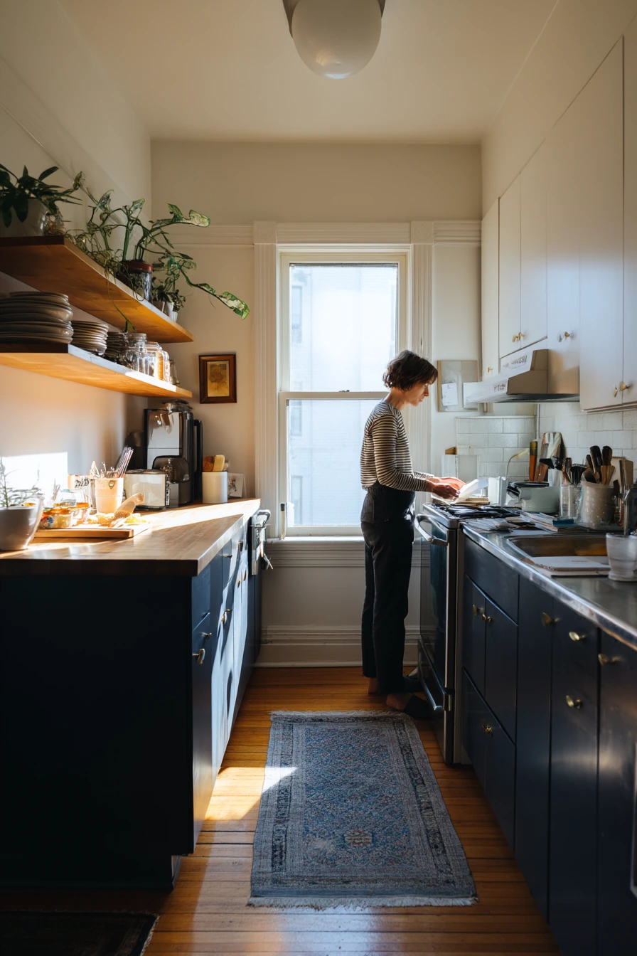 Navy Lower Cabinets in a Busy Small Kitchen