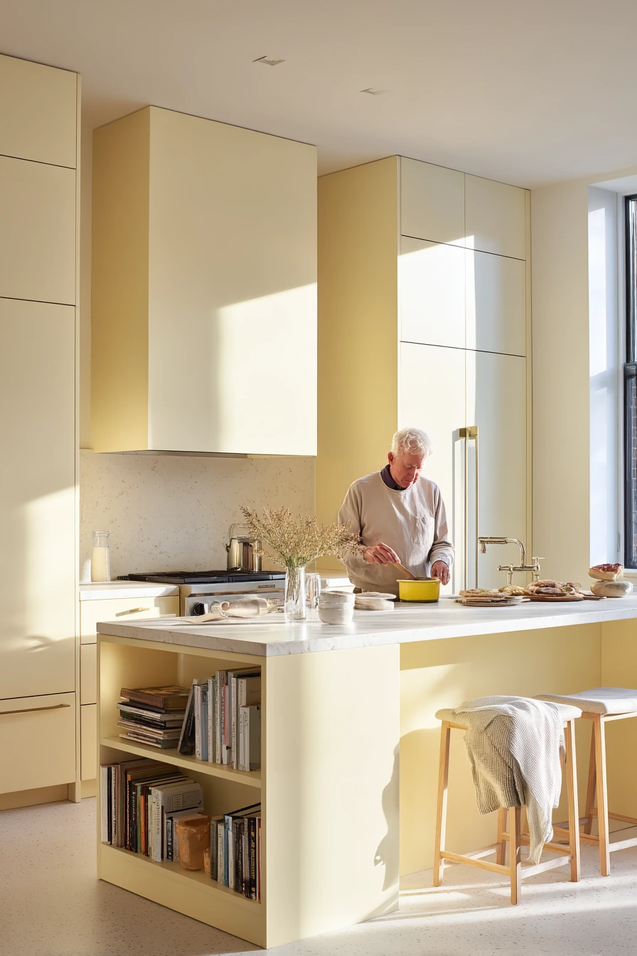 Modern Pale Yellow Kitchen with Warm Metals