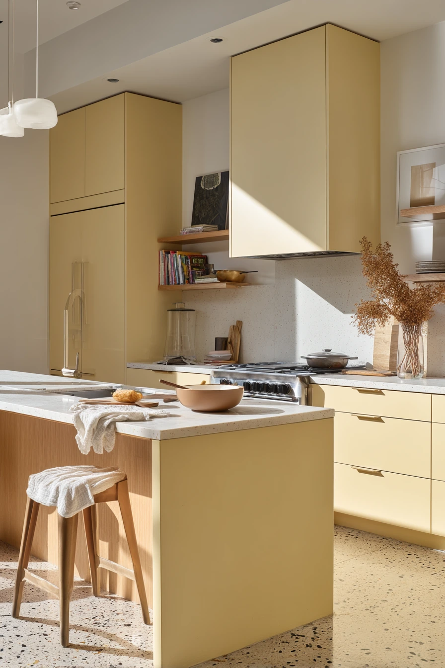 Modern Pale Yellow Kitchen with Warm Metals