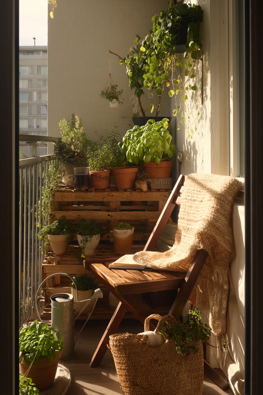 1. Tiny Balcony Pallet Herb Wall