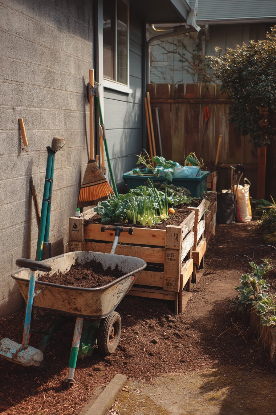 7. Small-Space Compost + Pallet Garden Utility Zone