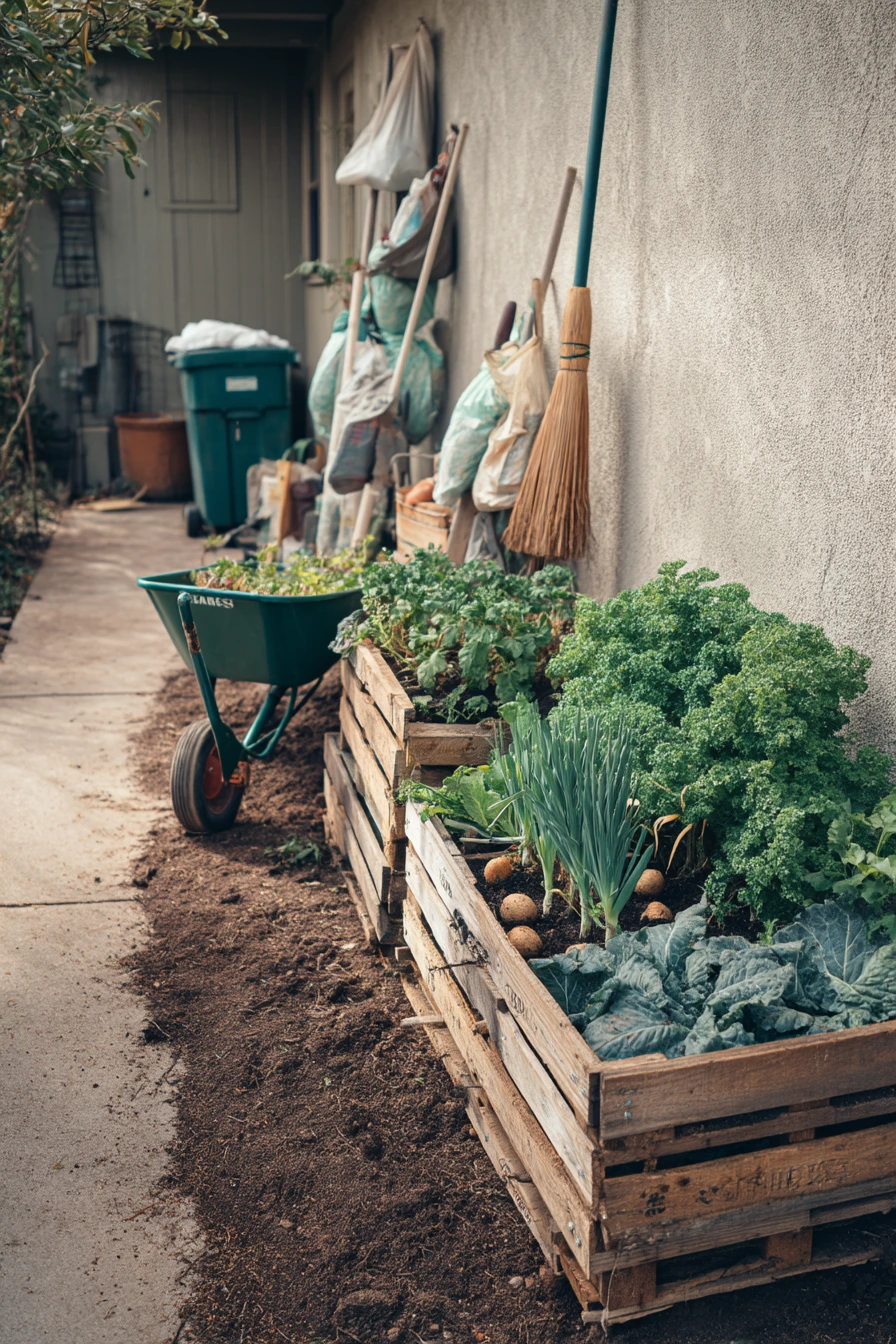 7. Small-Space Compost + Pallet Garden Utility Zone