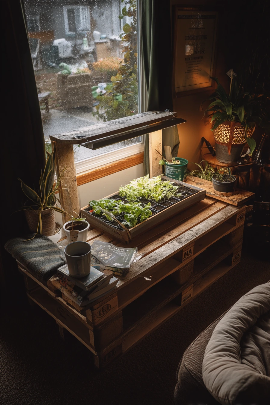 9. Rainy-Day Indoor Pallet Seedling Station
