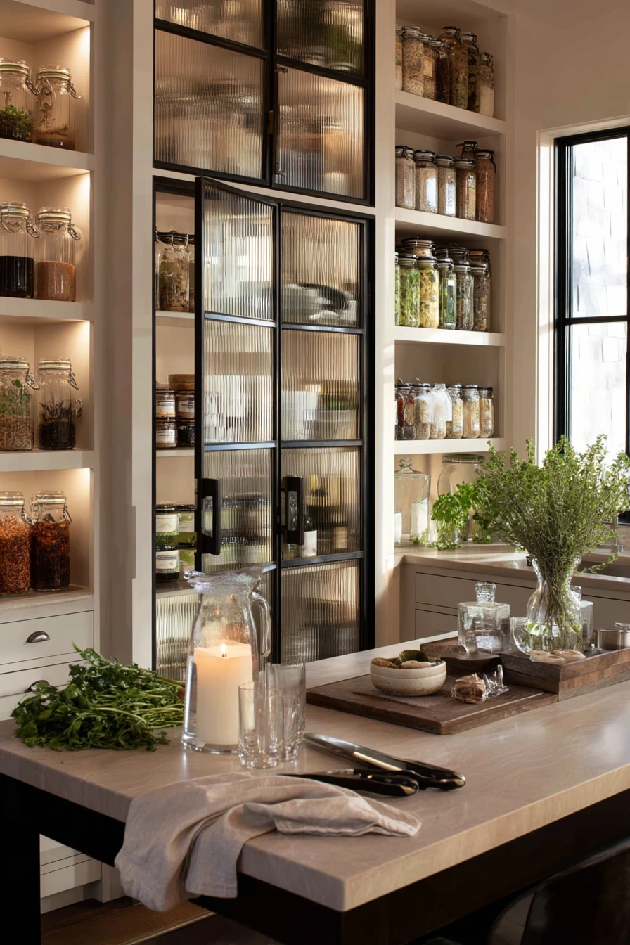 Glass Pantry Door for an Organized Entertainer’s Kitchen