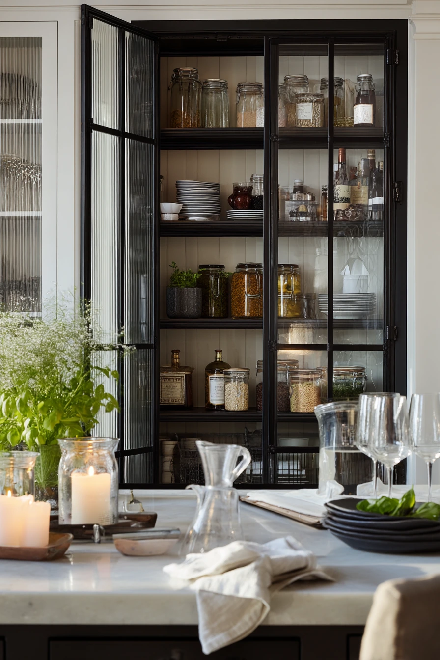 Glass Pantry Door for an Organized Entertainer’s Kitchen