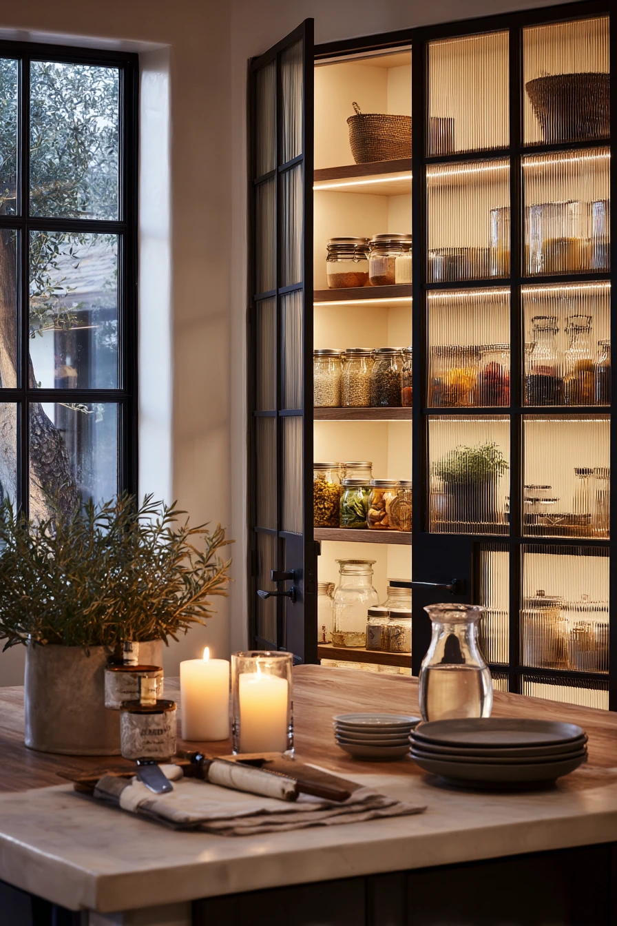 Glass Pantry Door for an Organized Entertainer’s Kitchen