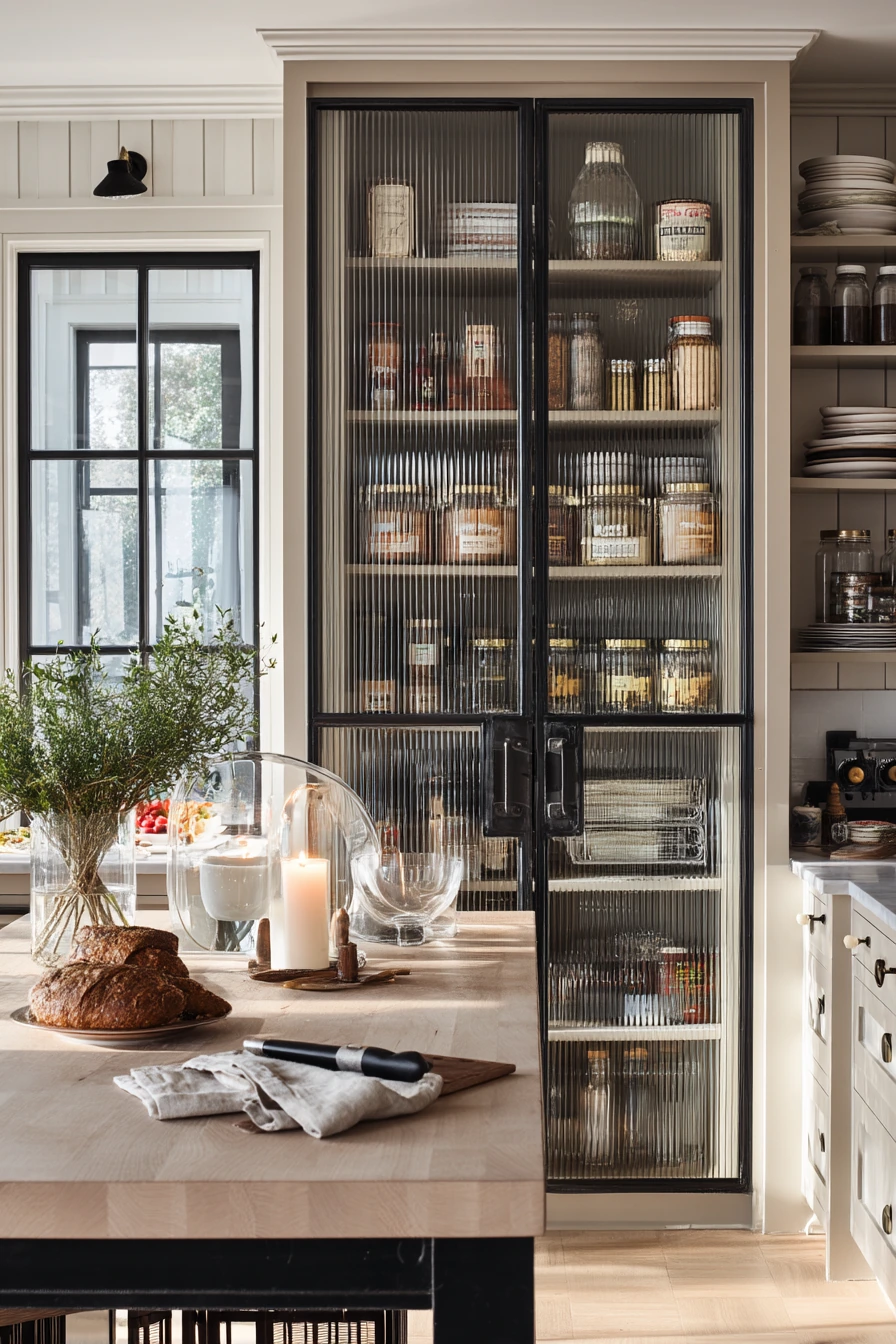 Glass Pantry Door for an Organized Entertainer’s Kitchen
