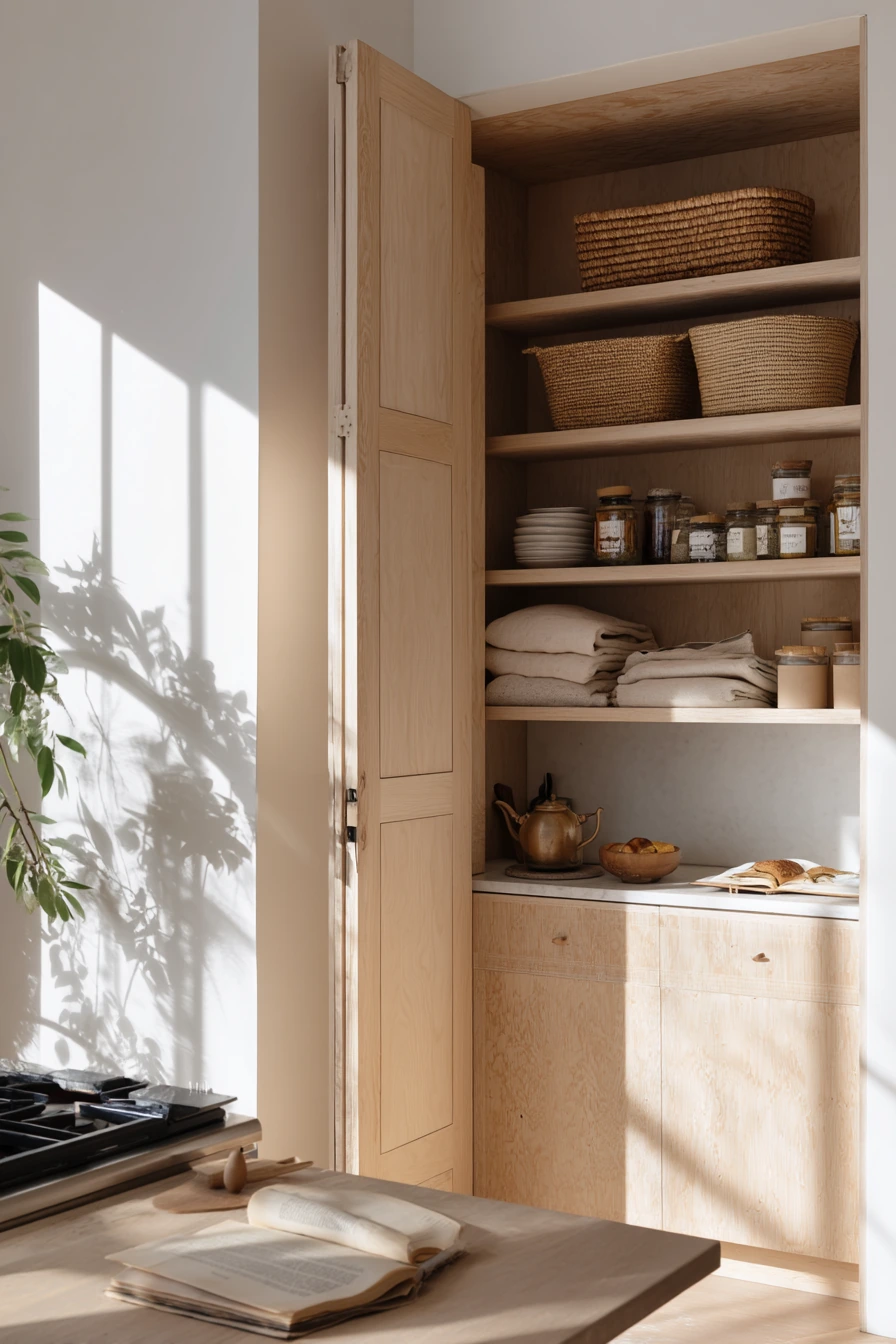 Warm Japandi Pantry Door with Quiet Storage