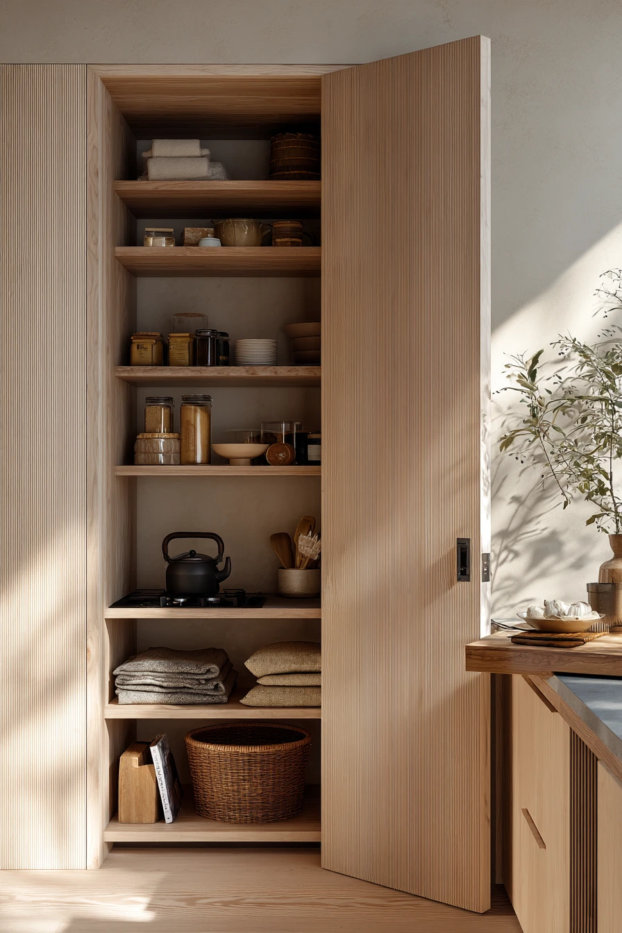 Warm Japandi Pantry Door with Quiet Storage