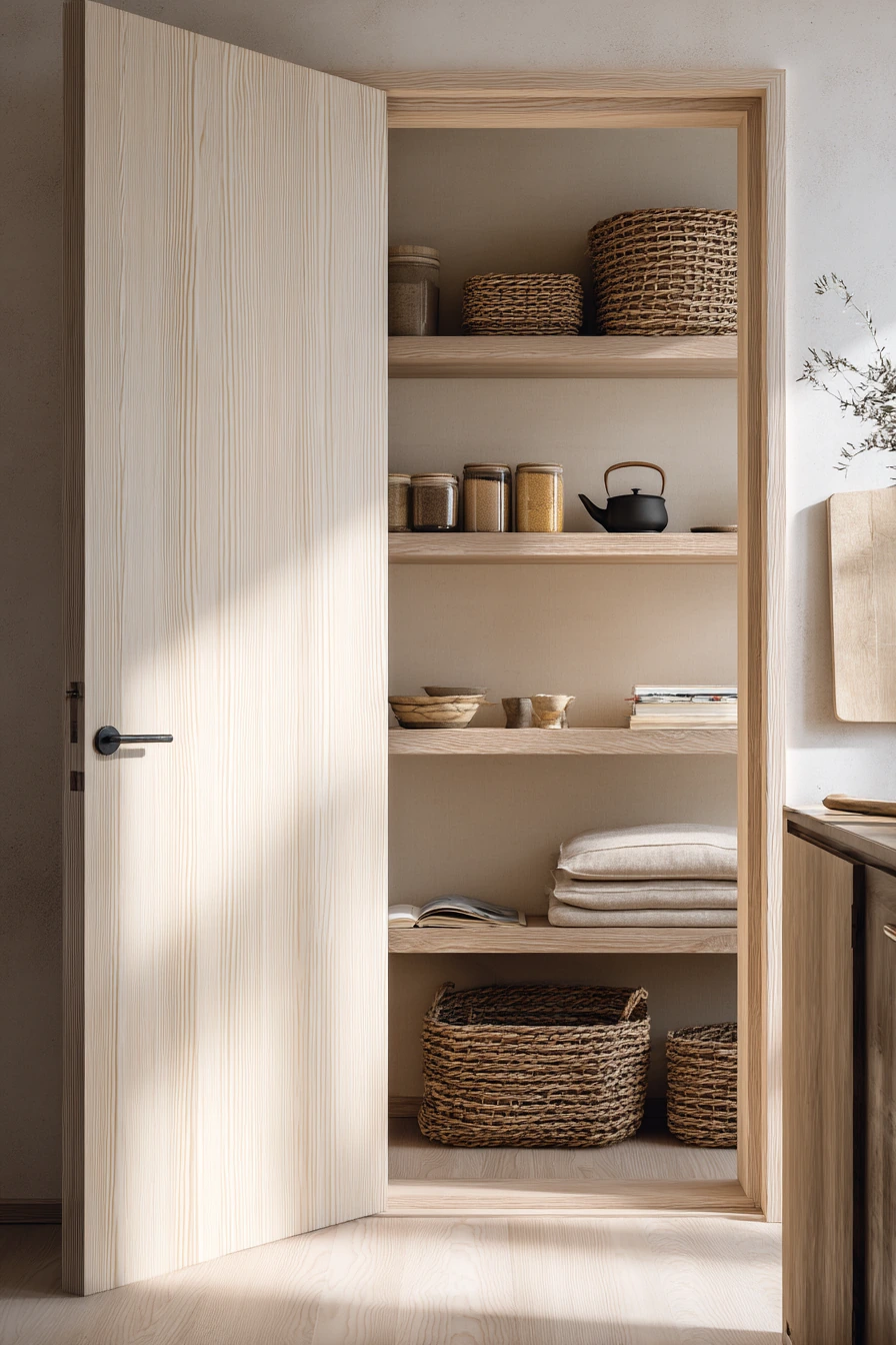 Warm Japandi Pantry Door with Quiet Storage