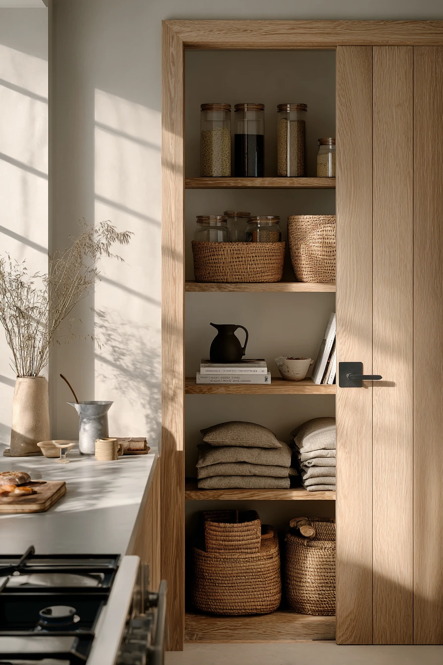 Warm Japandi Pantry Door with Quiet Storage