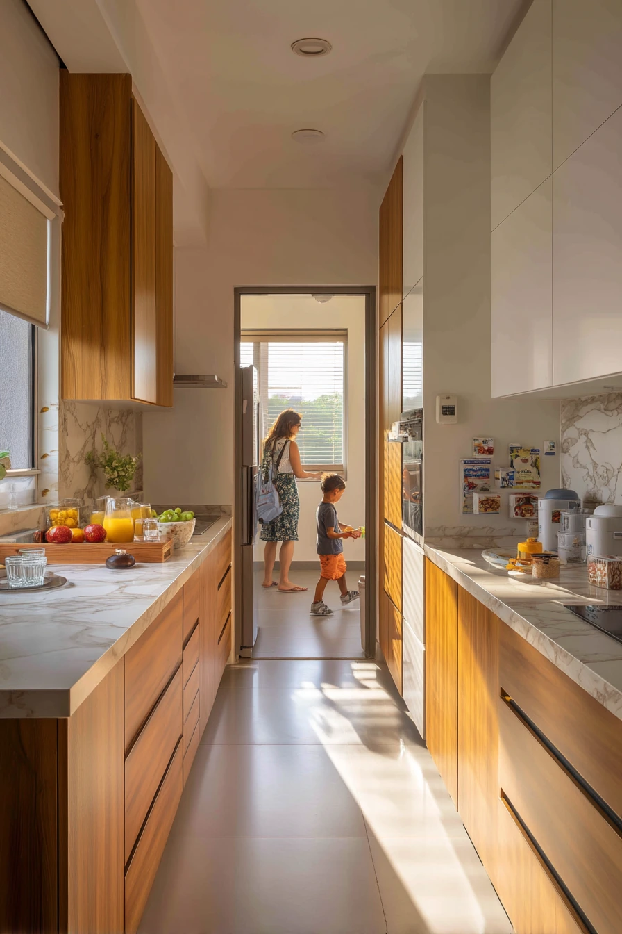 Busy Family Parallel Kitchen with Breakfast Rush