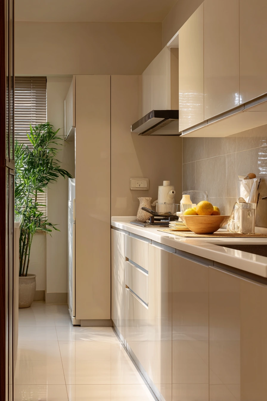 Warm Neutral Parallel Kitchen with Hidden Utility