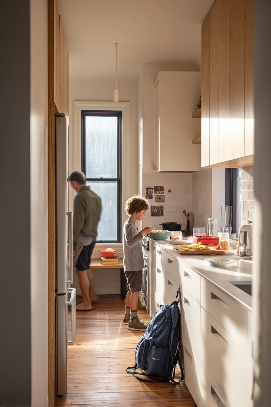 Busy Family Parallel Kitchen with Breakfast Rush