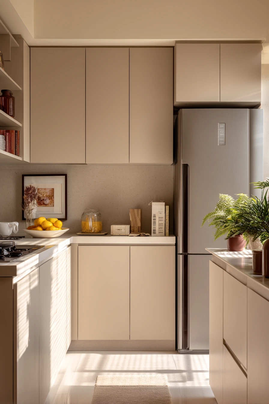 Warm Neutral Parallel Kitchen with Hidden Utility
