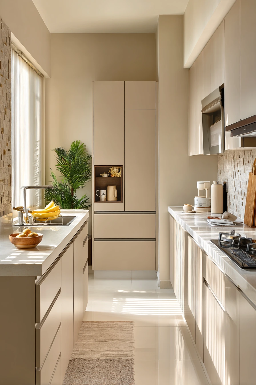 Warm Neutral Parallel Kitchen with Hidden Utility