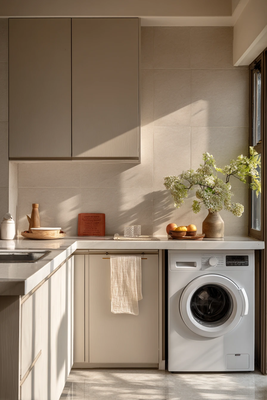 Warm Neutral Parallel Kitchen with Hidden Utility