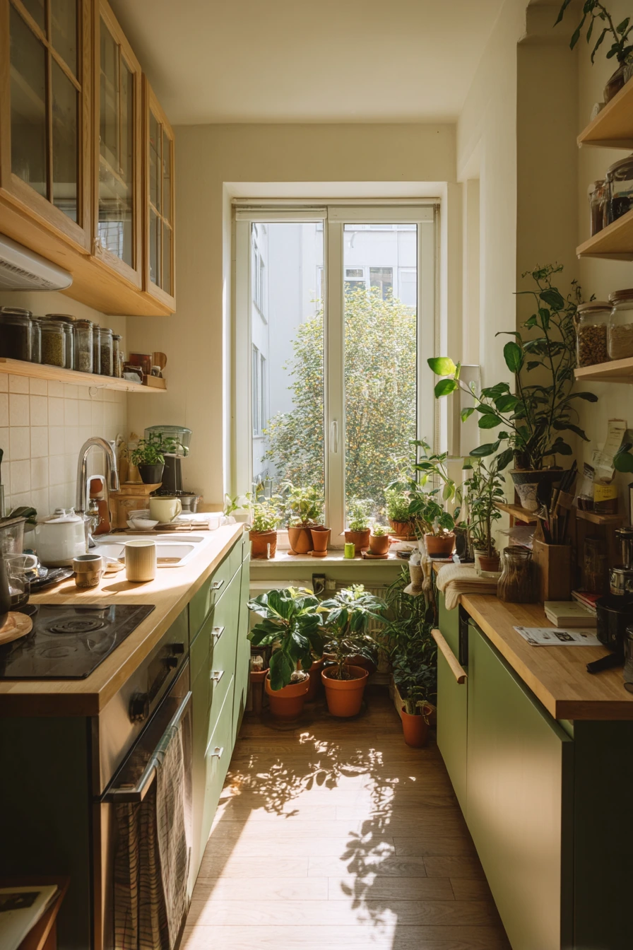 Parallel Kitchen with Plant-Filled Windows