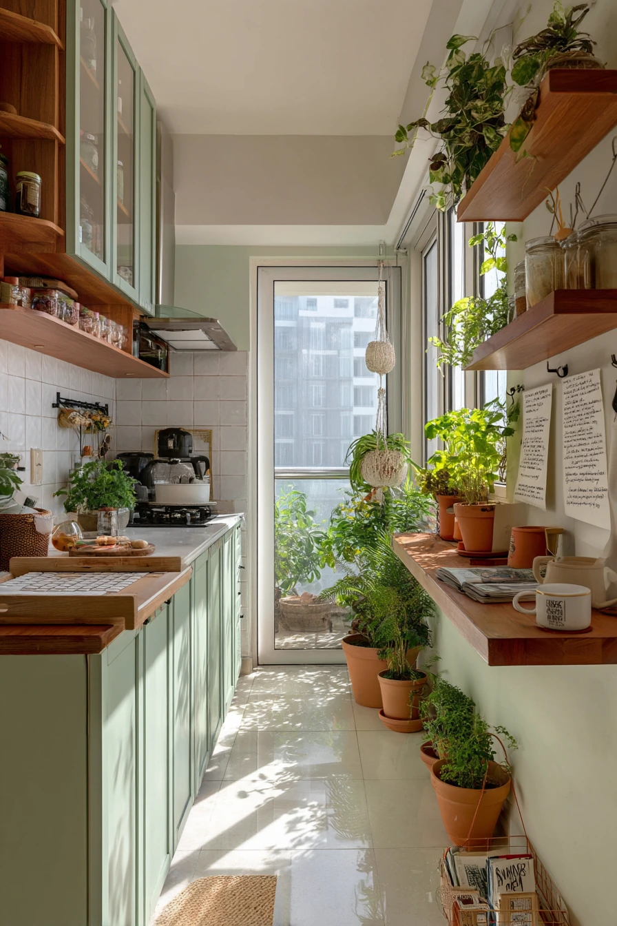 Parallel Kitchen with Plant-Filled Windows