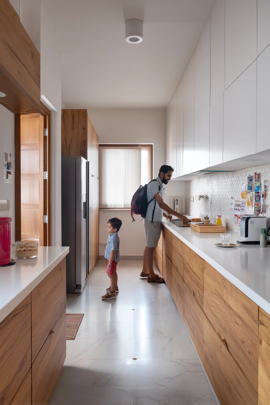 Busy Family Parallel Kitchen with Breakfast Rush