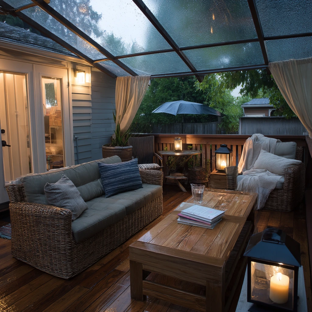 Rainy Evening Lounge With a Covered Corner