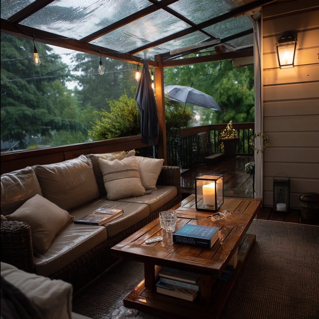 Rainy Evening Lounge With a Covered Corner