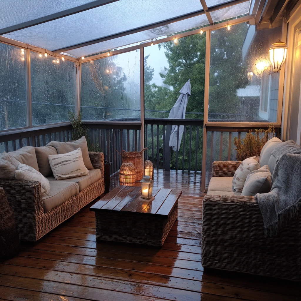 Rainy Evening Lounge With a Covered Corner