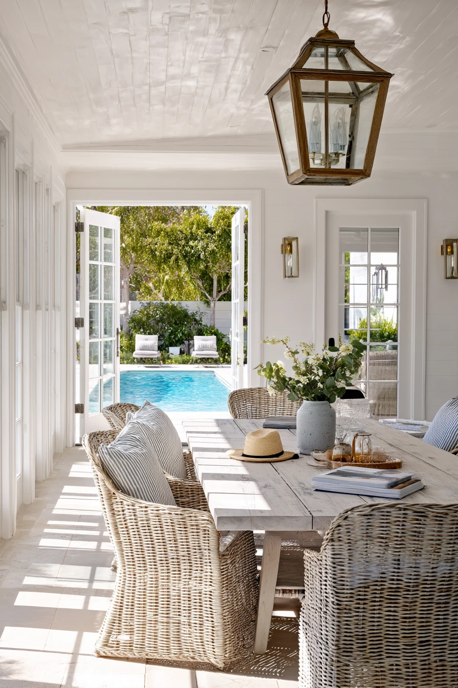 Coastal Patio Ceiling with White Beadboard and Lanterns