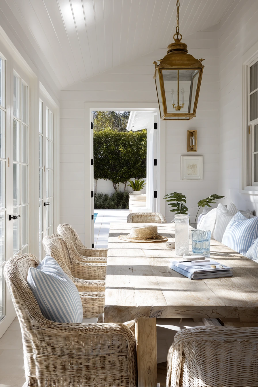 Coastal Patio Ceiling with White Beadboard and Lanterns