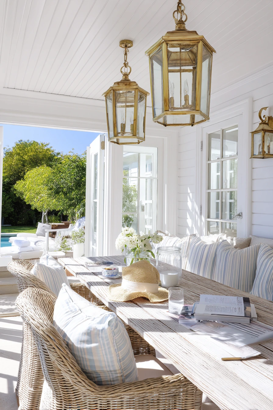 Coastal Patio Ceiling with White Beadboard and Lanterns