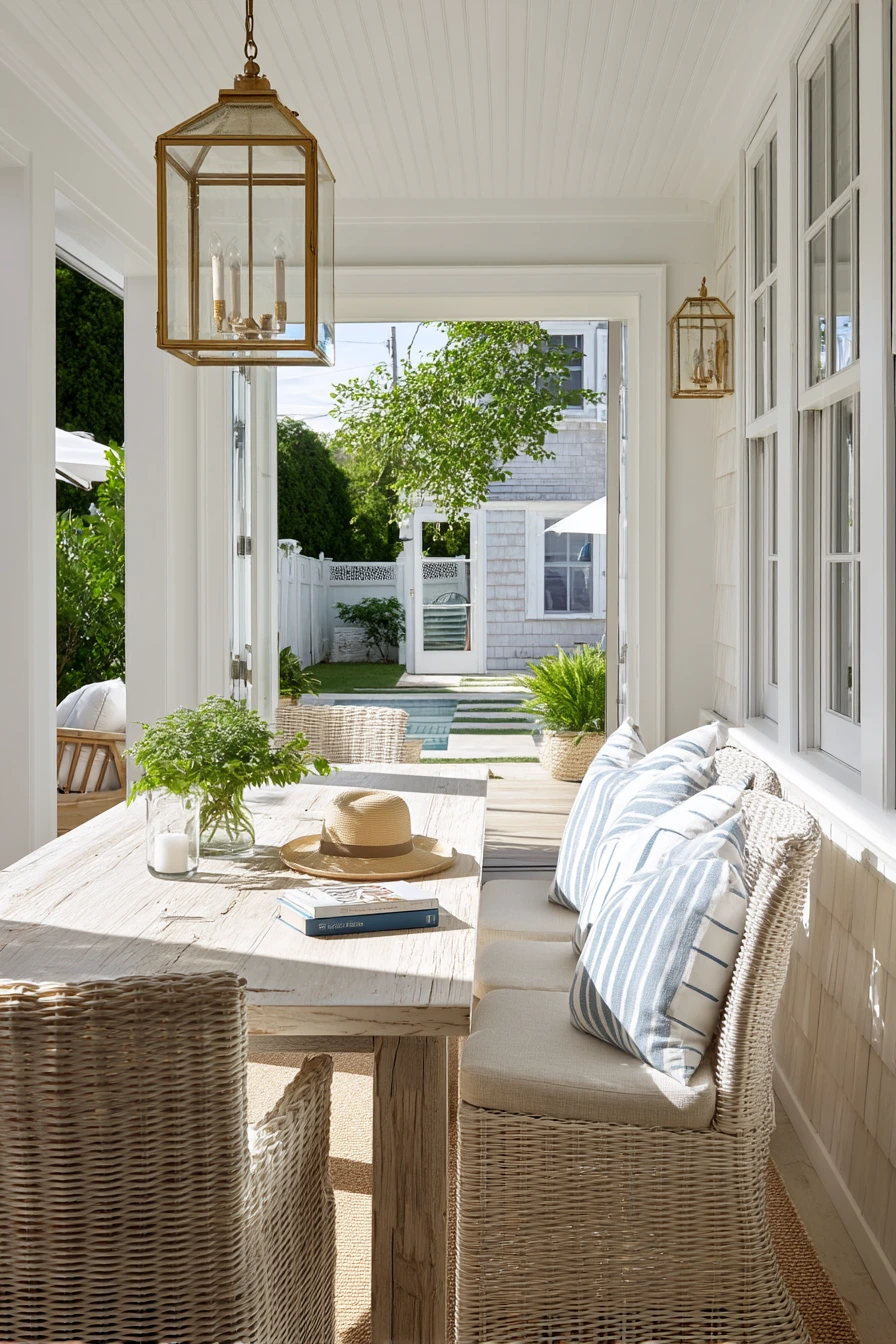 Coastal Patio Ceiling with White Beadboard and Lanterns
