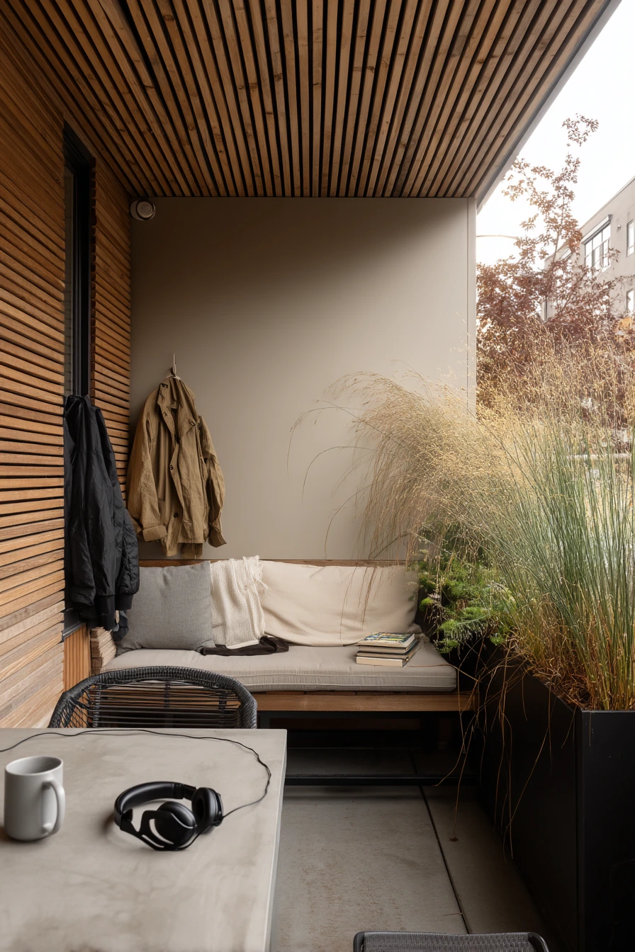 Minimal Patio Ceiling with Slatted Privacy Screen Above