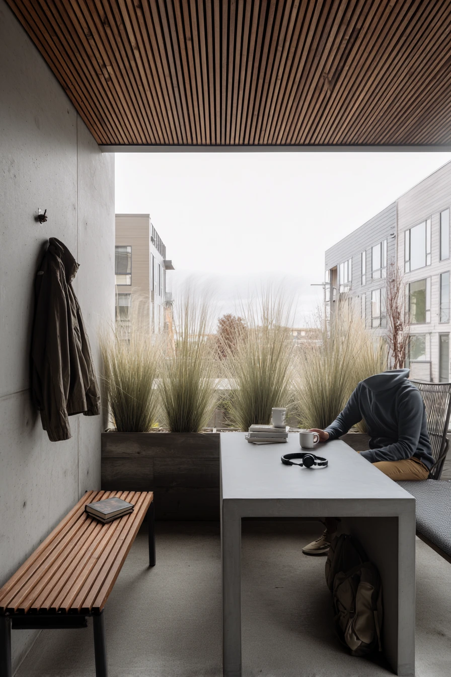 Minimal Patio Ceiling with Slatted Privacy Screen Above