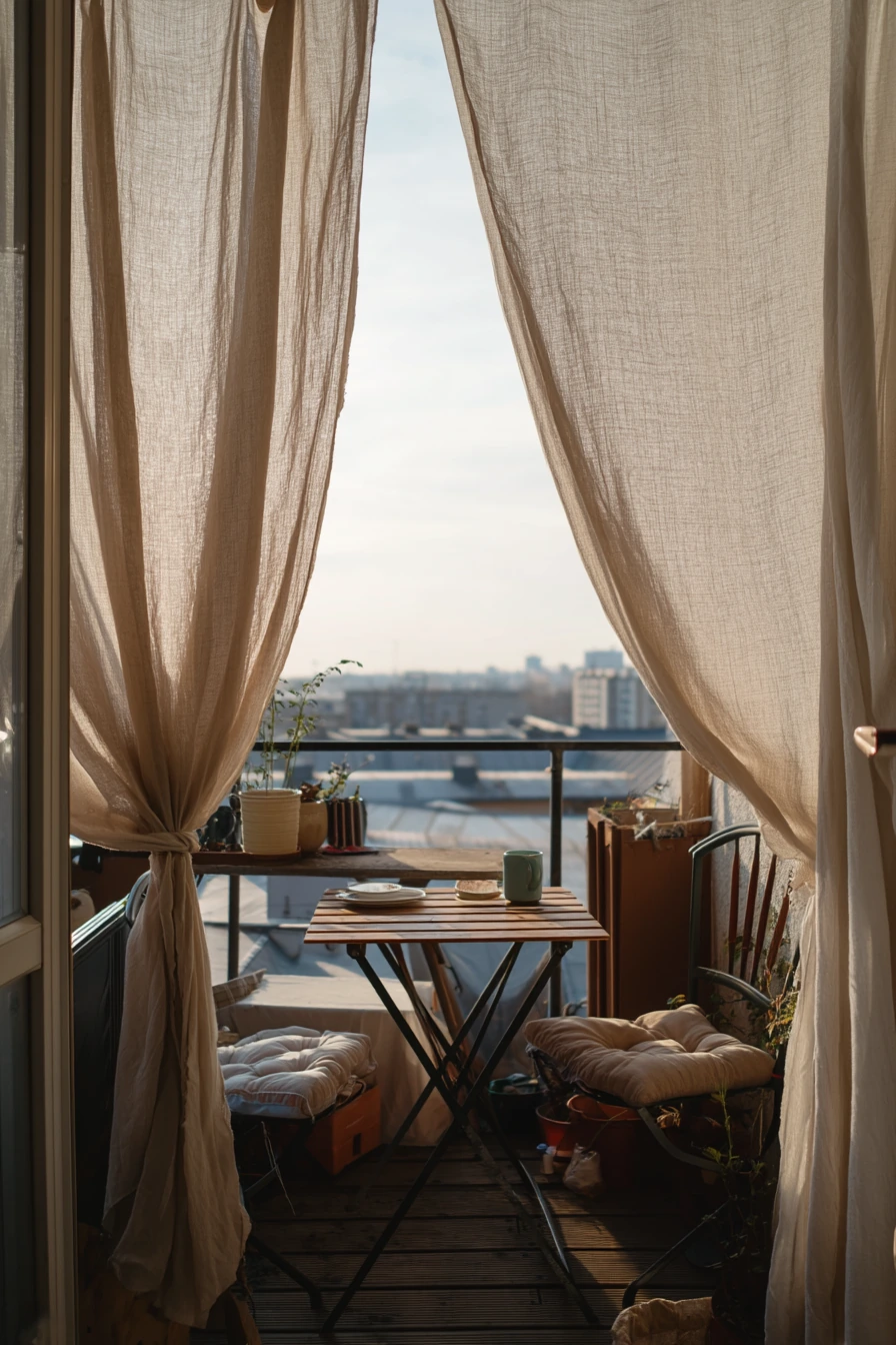 2. Small Balcony Privacy With Linen Curtains
