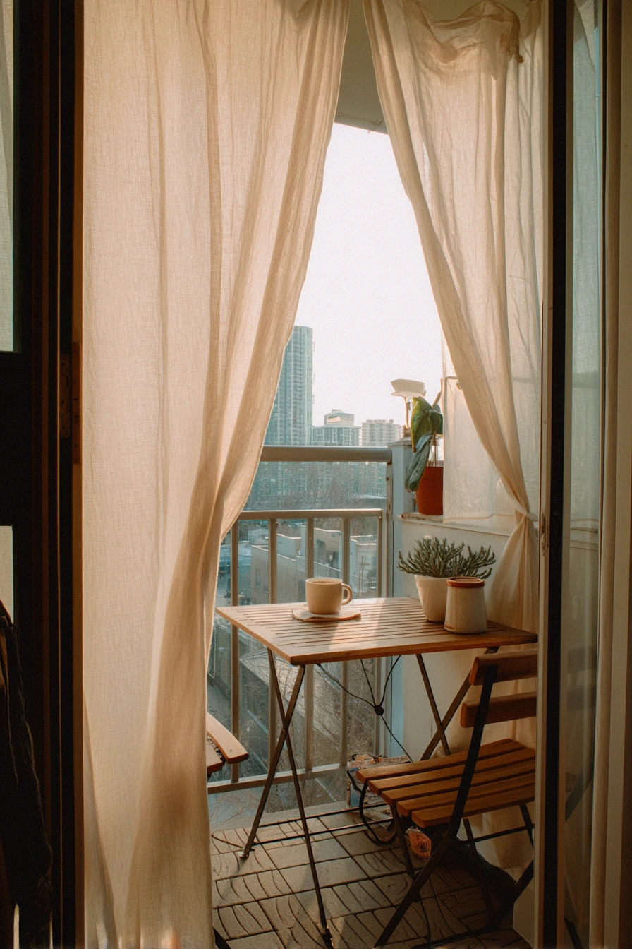 2. Small Balcony Privacy With Linen Curtains