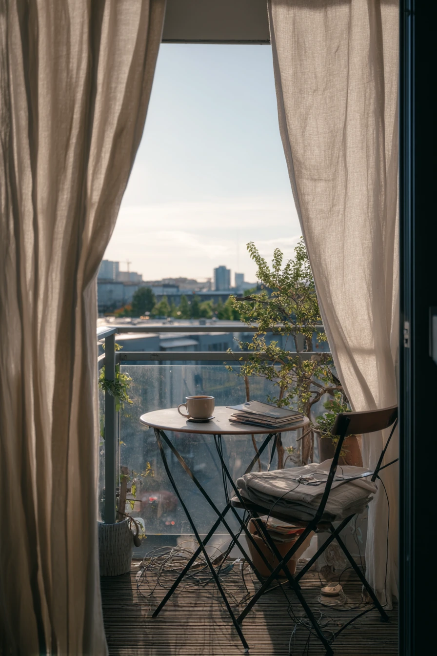2. Small Balcony Privacy With Linen Curtains