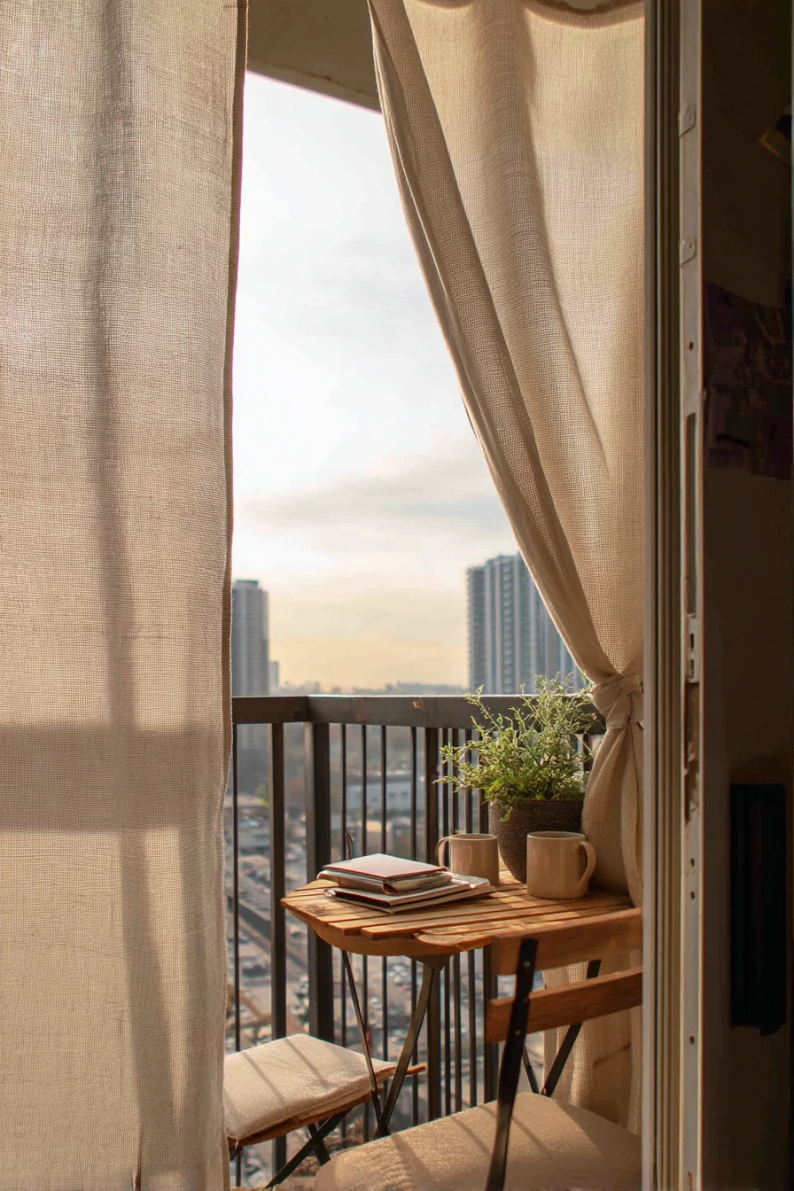 2. Small Balcony Privacy With Linen Curtains