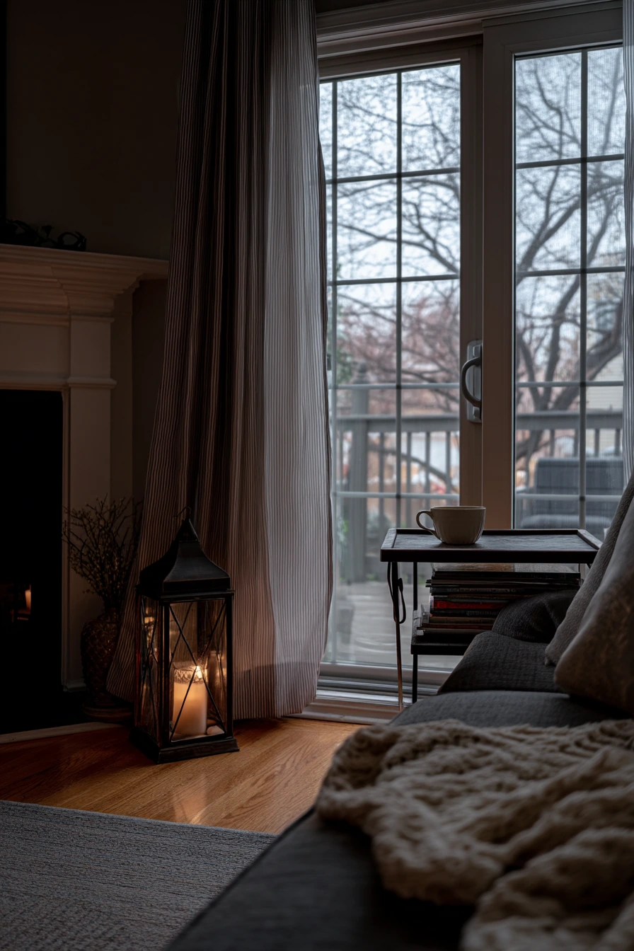 Winter Patio Door View with Layered Drapes