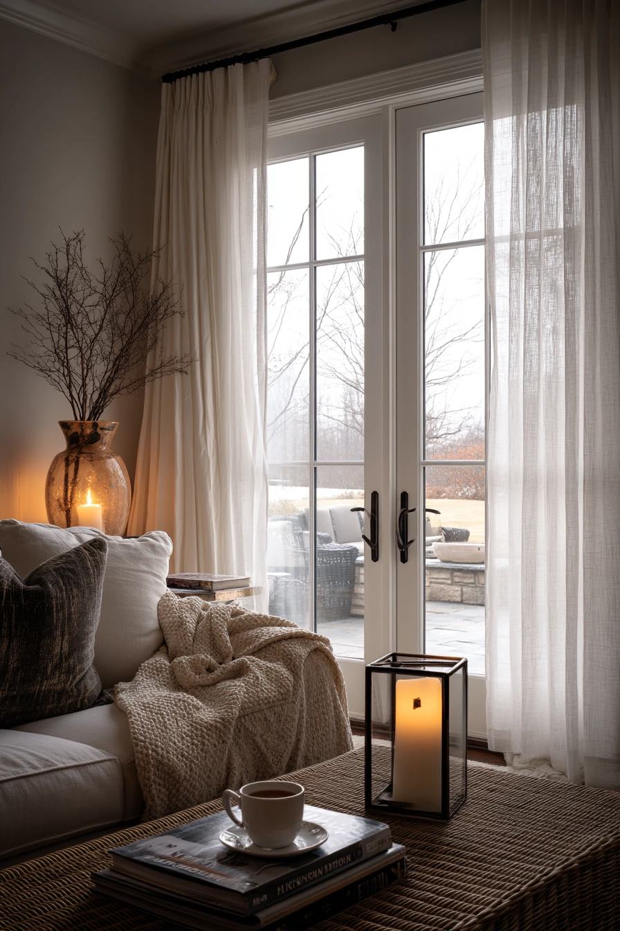 Winter Patio Door View with Layered Drapes