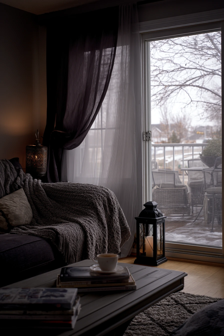 Winter Patio Door View with Layered Drapes