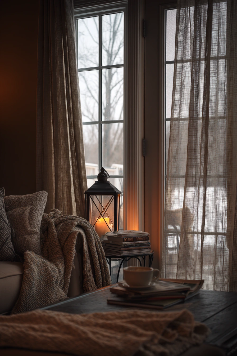 Winter Patio Door View with Layered Drapes