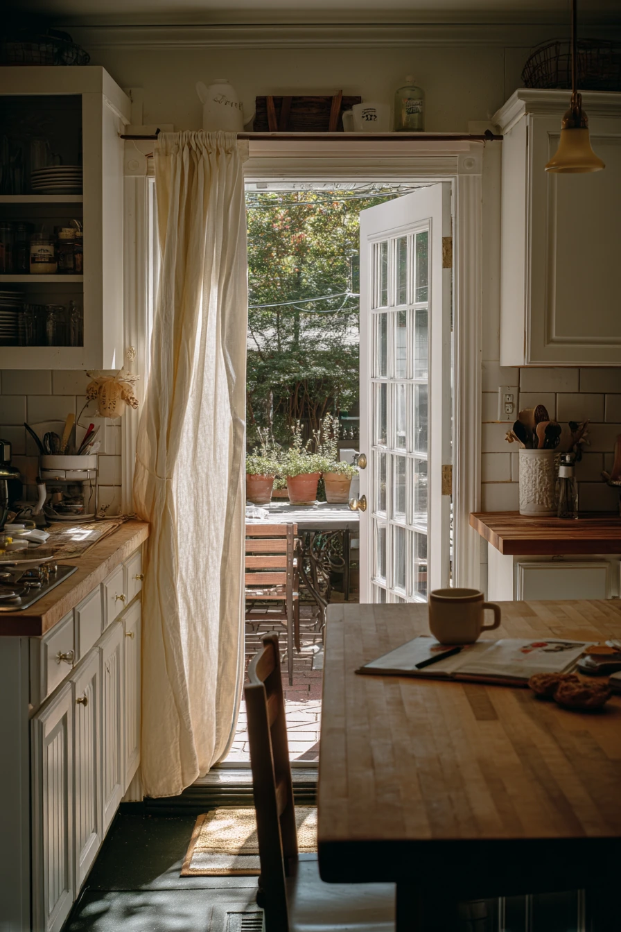French Patio Doors in a Cottage Kitchen