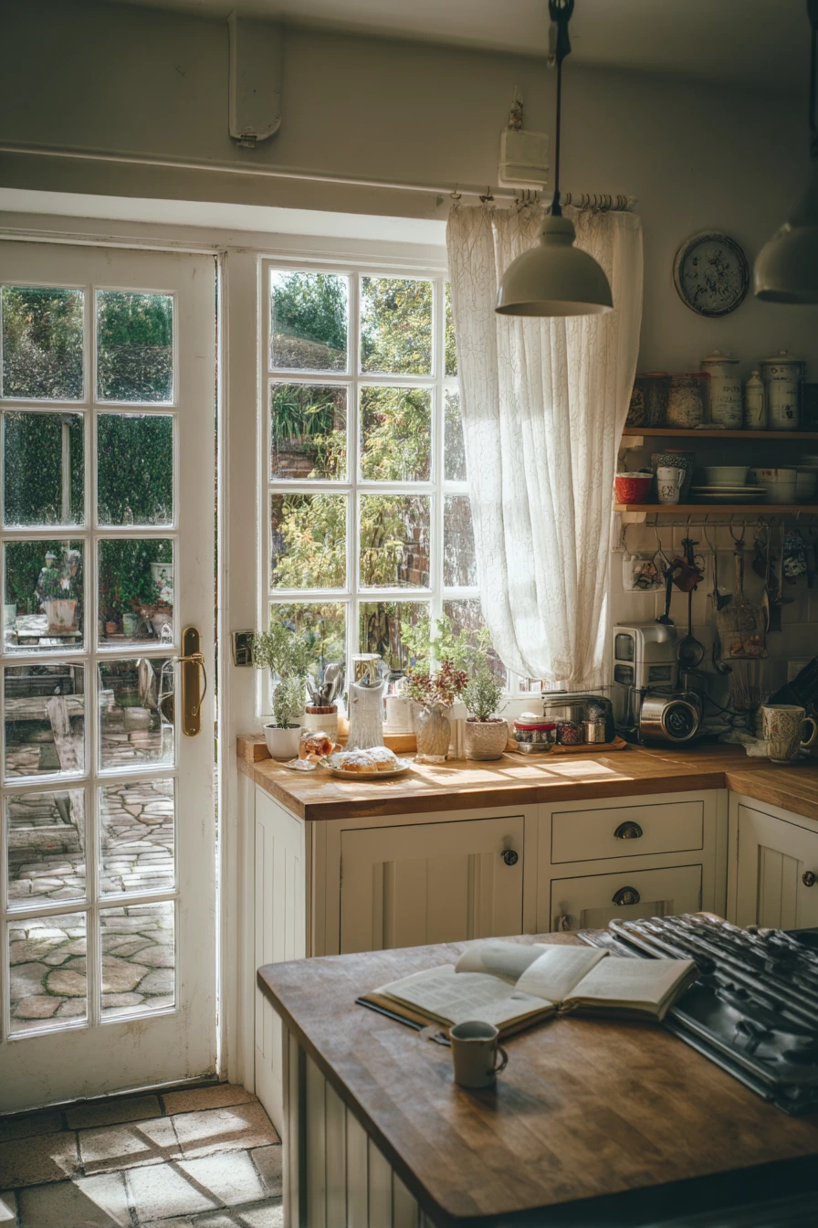 French Patio Doors in a Cottage Kitchen