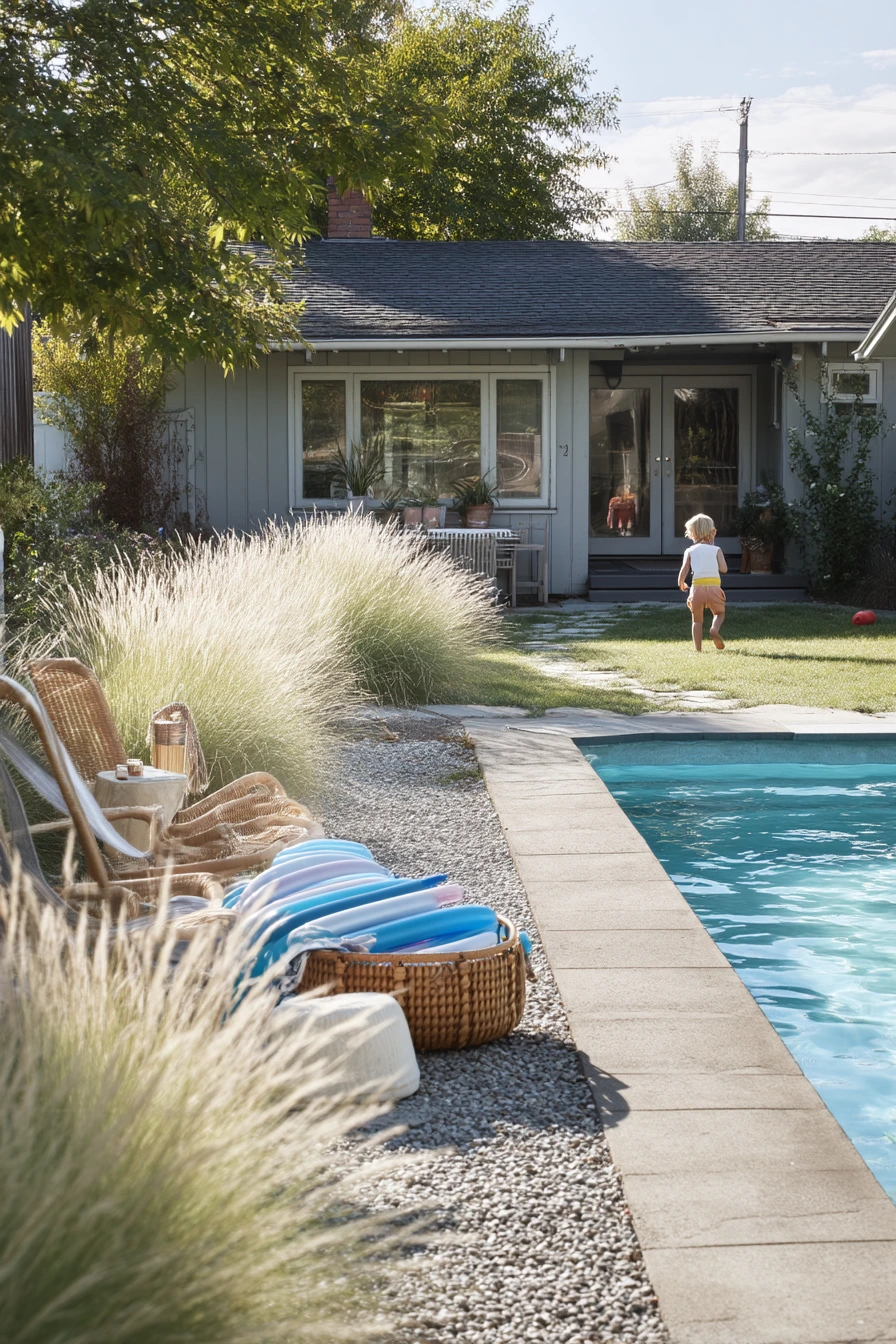 Family Poolside With Native Planting