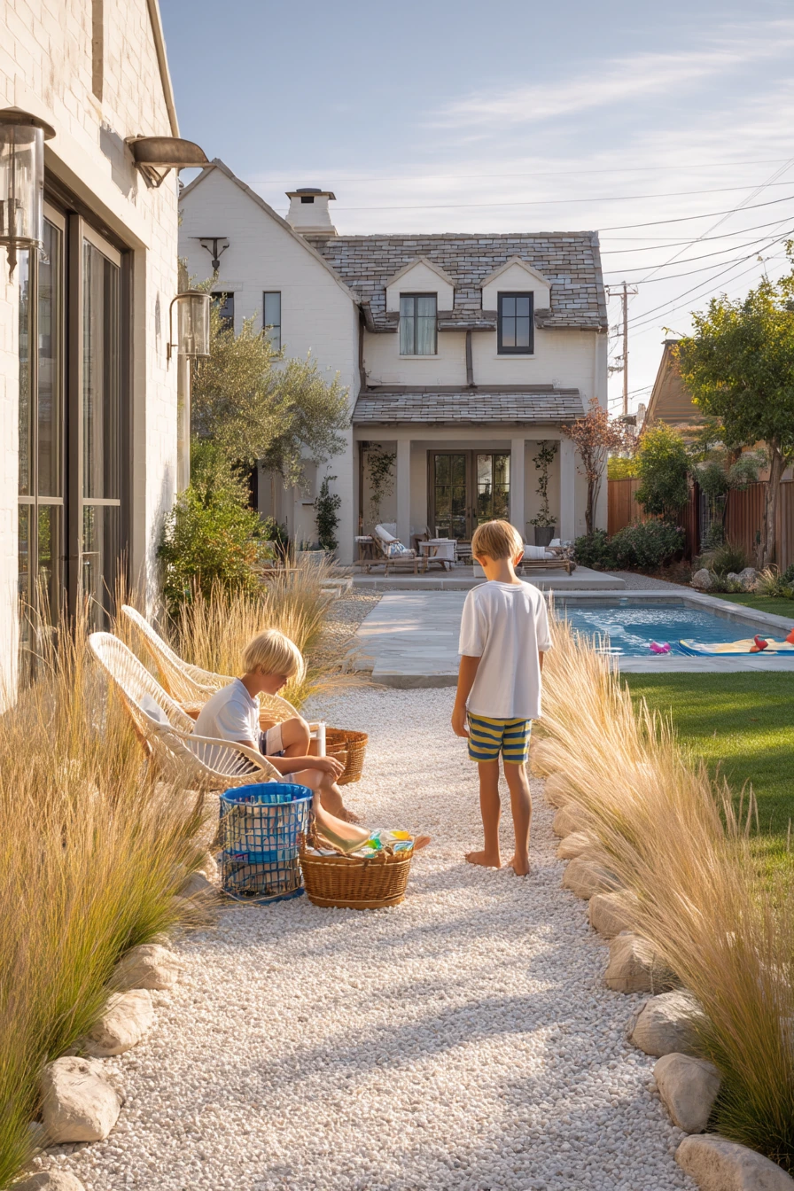 Family Poolside With Native Planting