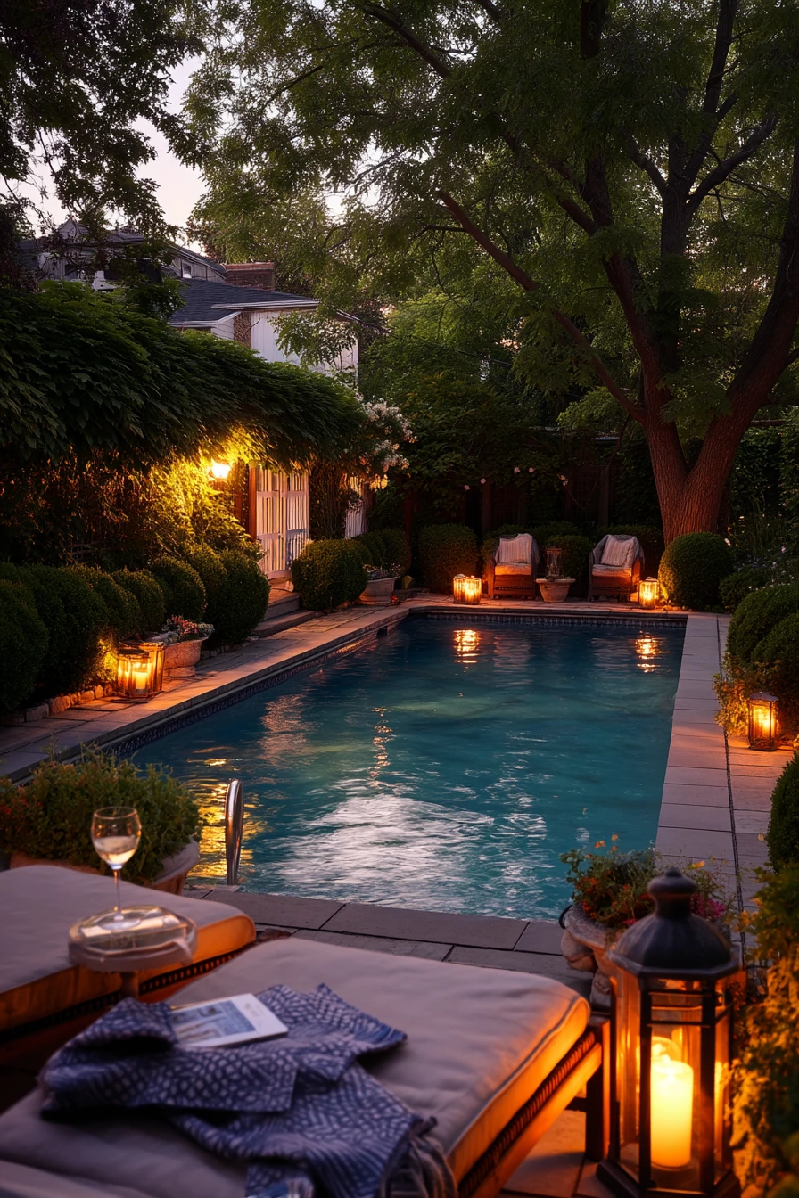 Evening Pool Lighting With Layered Planting