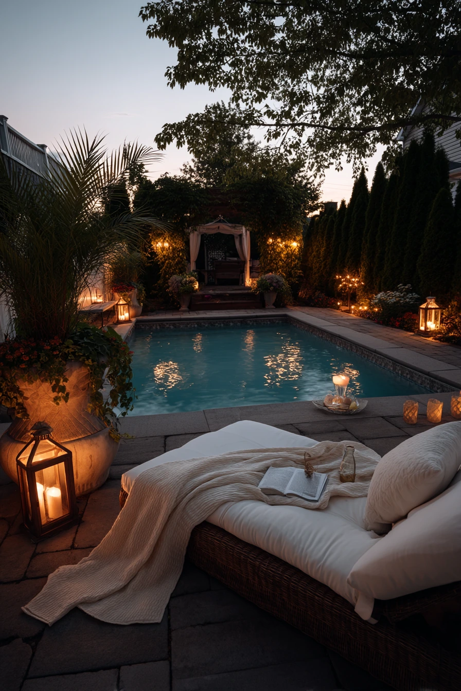 Evening Pool Lighting With Layered Planting