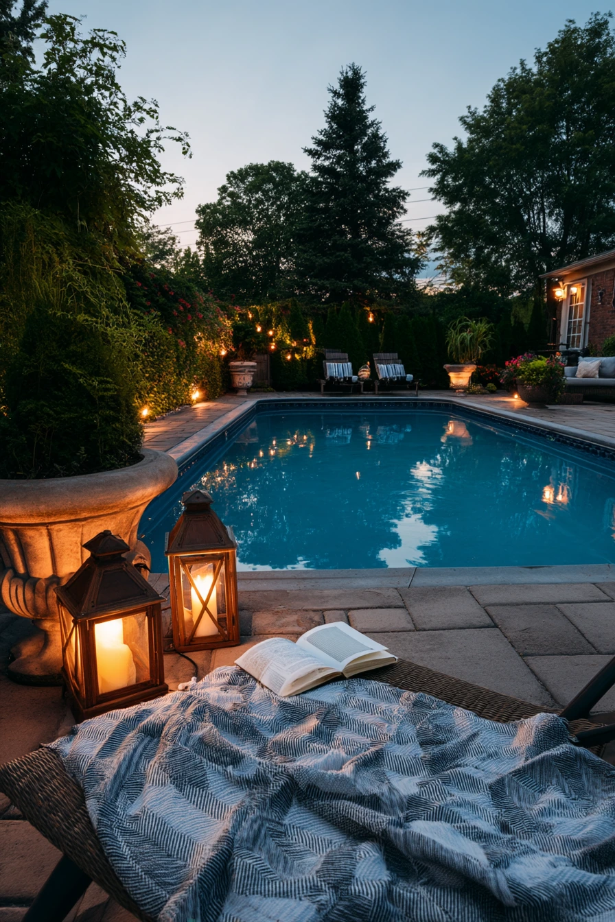 Evening Pool Lighting With Layered Planting
