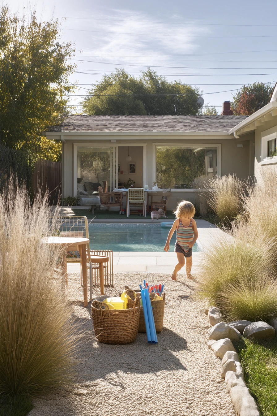 Family Poolside With Native Planting
